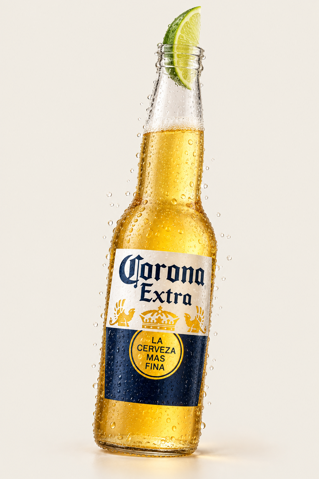 Garrafa Corona Extra fresca, com gotas de água e uma rodela de lima